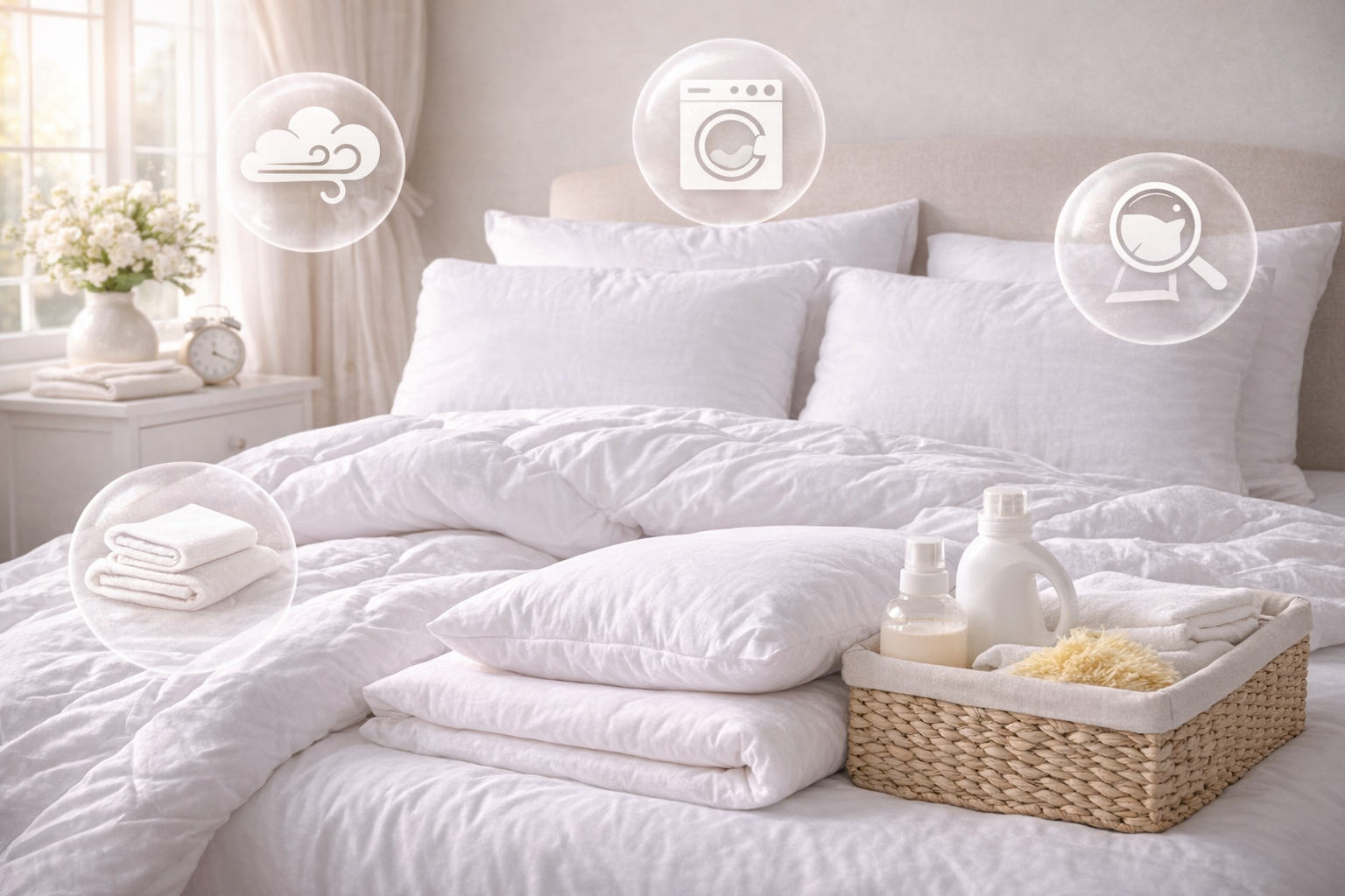 Vankúše a paplóny v čistej svetlej spálni